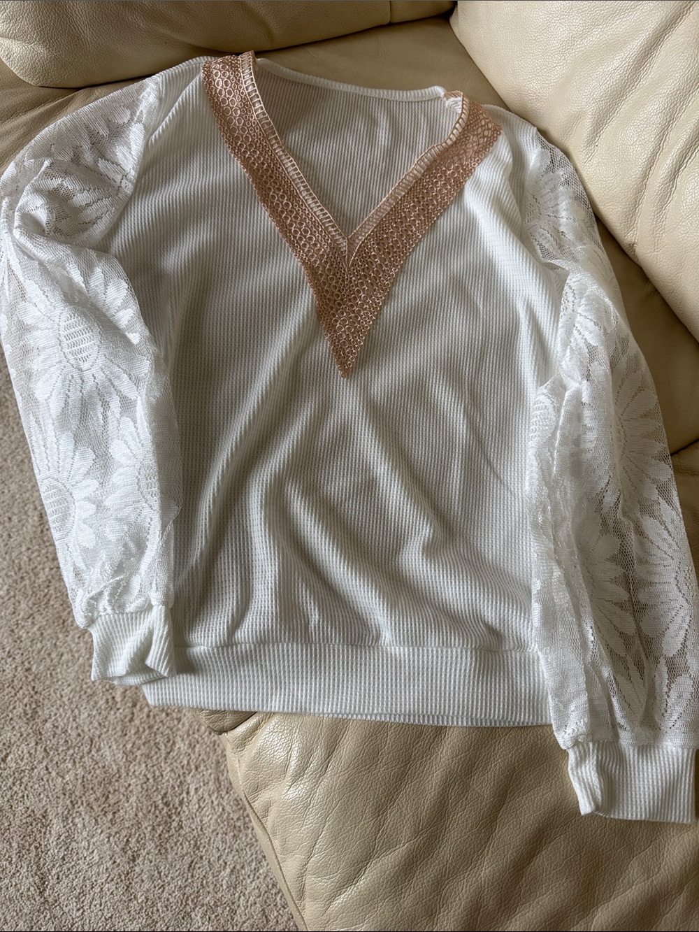 SHEIN White Ribbed Top with Blush Crochet V-Neck